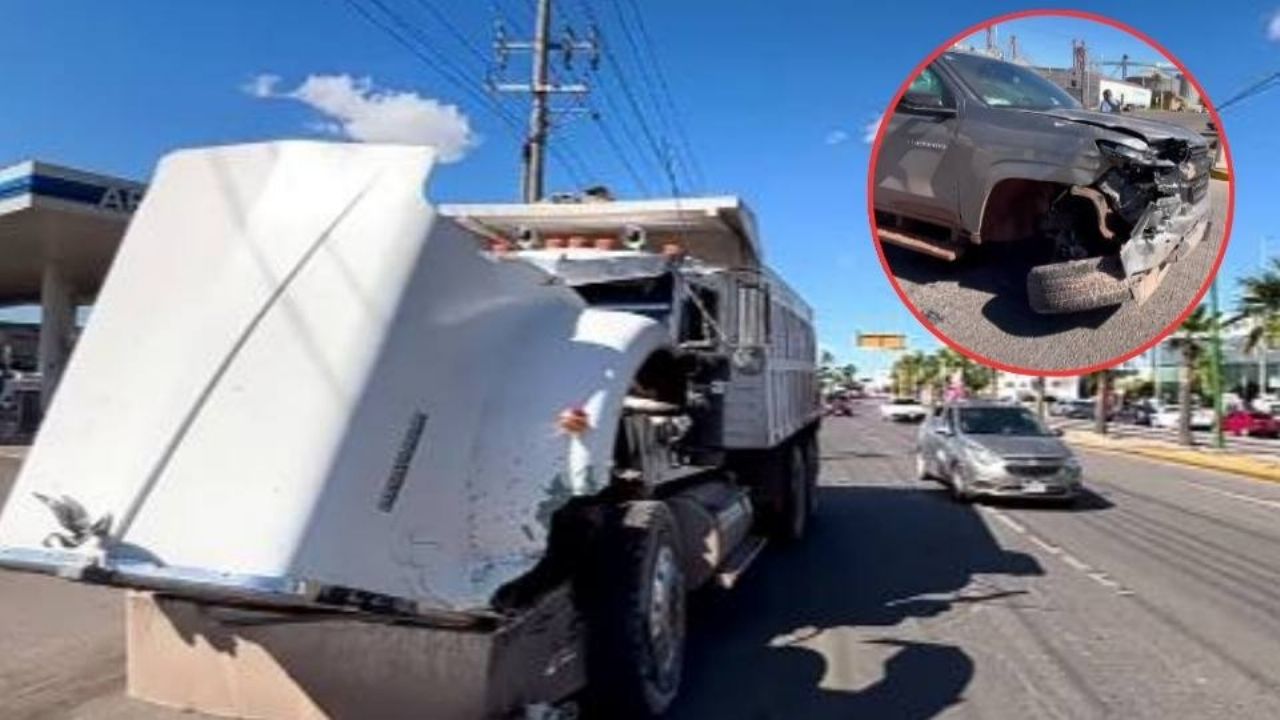 Conductor de dompe se queda sin frenos y protagoniza aparatoso choque en Ciudad Obregón