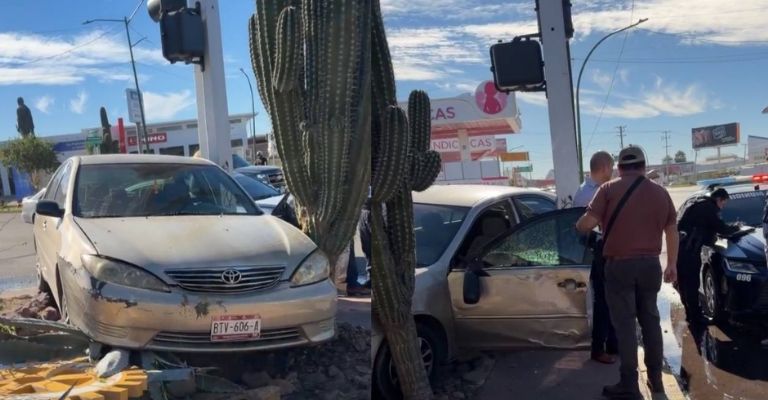 Se sube a la guarnición y choca monumento frente a la cascada de Ciudad Obregón