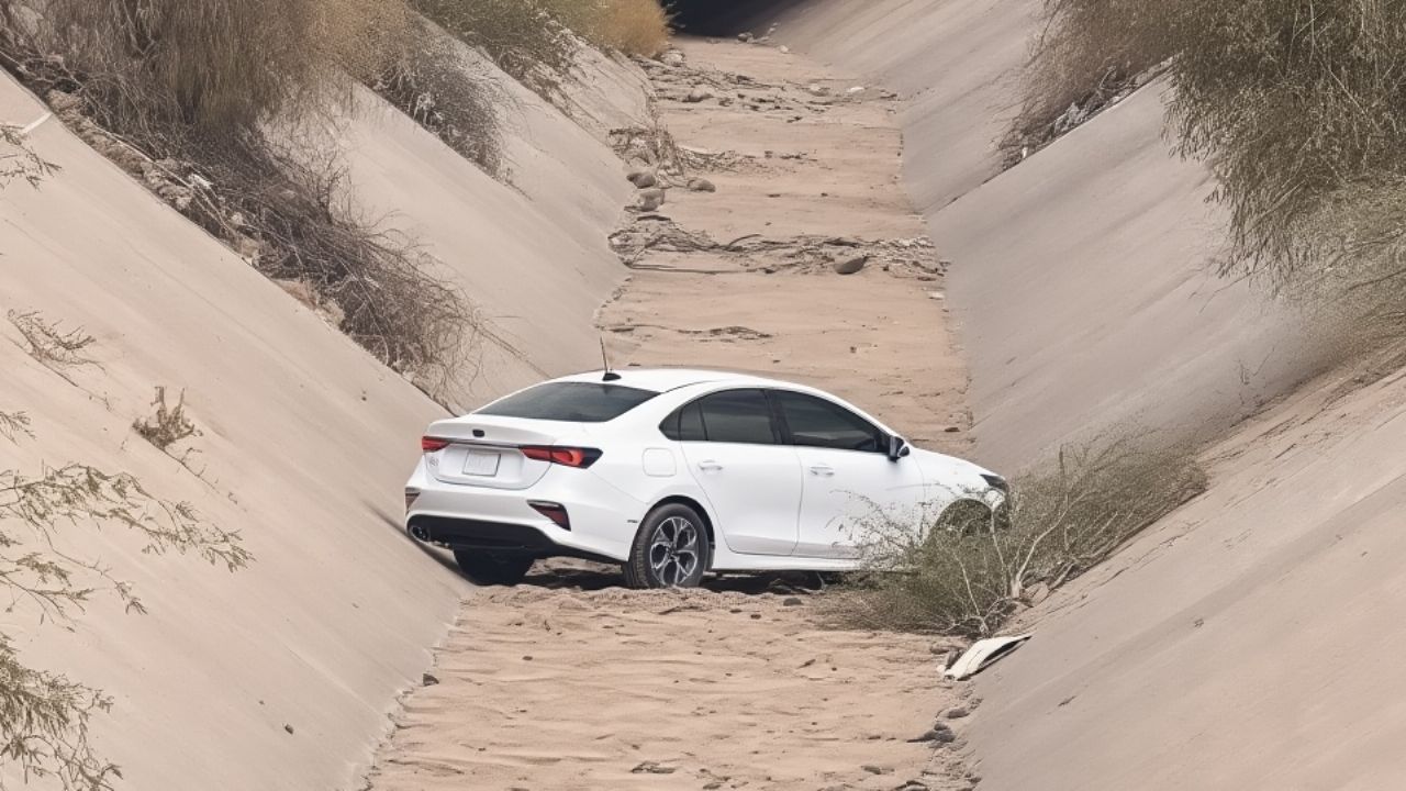 Vehículo termina dentro de canal pluvial en Hermosillo; derribó varios árboles antes de caer