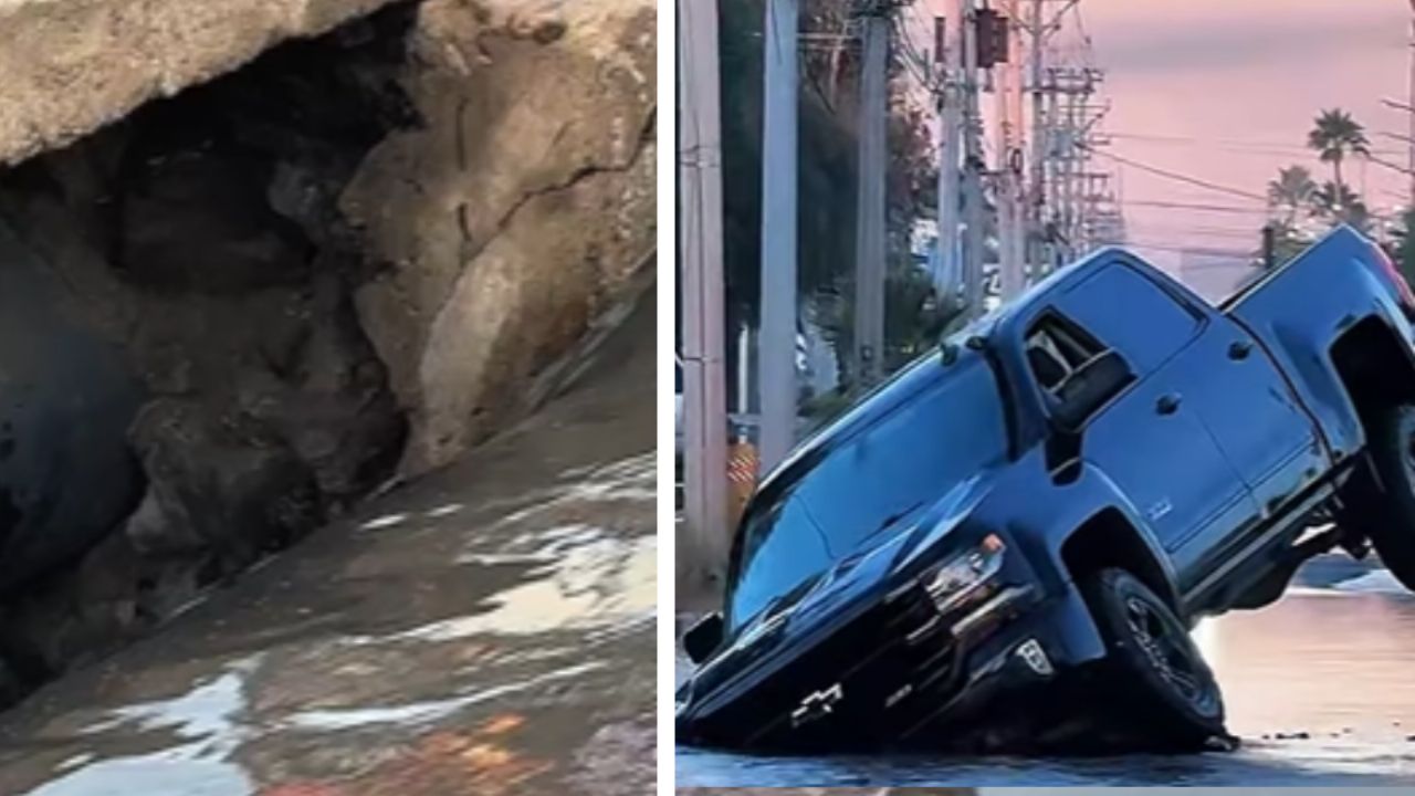 Padre y su hija viven momentos de tensión tras caer pickup en socavón en Hermosillo