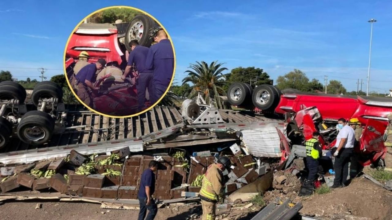 Vuelca tráiler cargado con elotes en Los Mochis; chofer originario de Sonora termina prensado