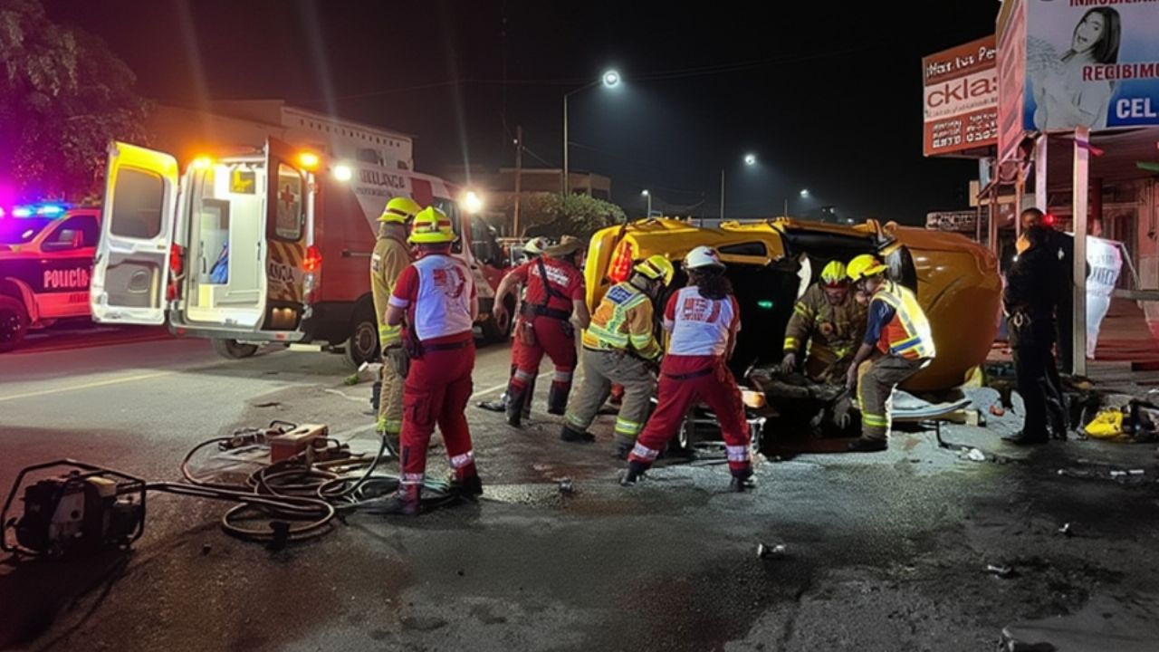 Aparatoso choque volcadura en Huatabampo; rescatan a dos personas atrapadas dentro de auto