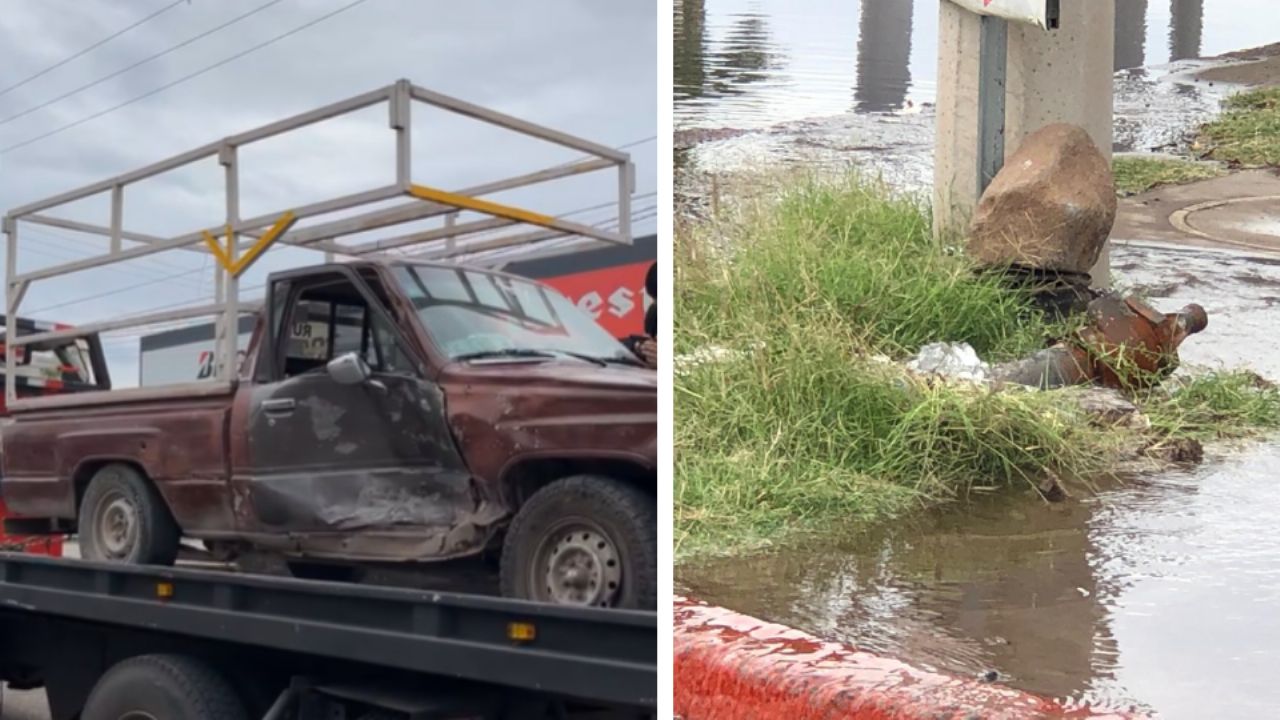 Accidente en Ciudad Obregón: SE PASA EL ALTO, choca y provoca FUGA de agua tras impactar hidrante