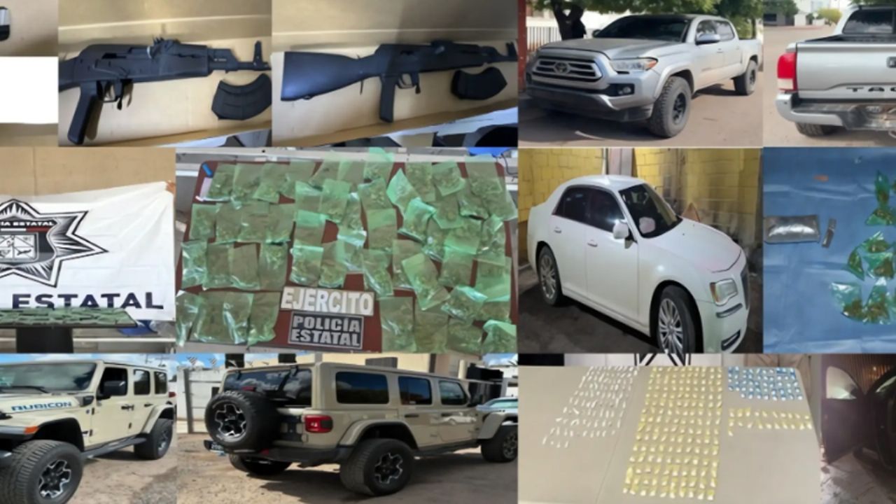 Autoridades aseguran armas de fuego, vehículos robados y droga en tres municipios de Sonora