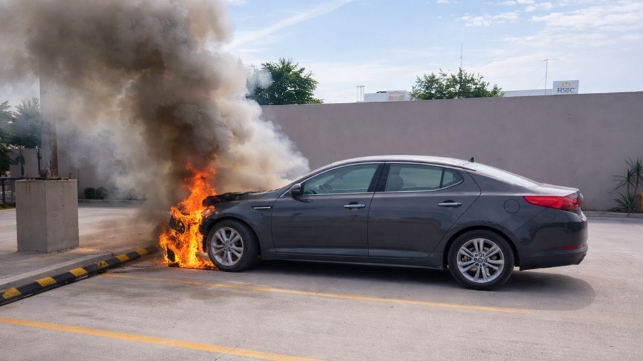 Se incendia auto en estacionamiento de restaurante en Navojoa; chofer logró salir a tiempo