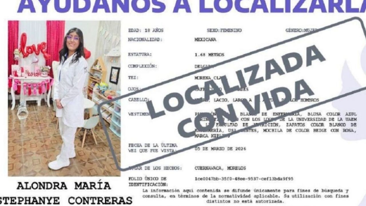 Fiscalía de Morelos confirma que localizan con vida a Stephanye Contreras, estudiante desaparecida de la UAEM