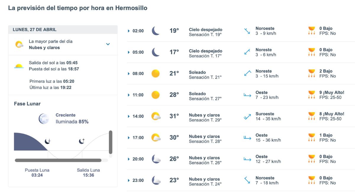 Así será el clima en Hermosillo este lunes