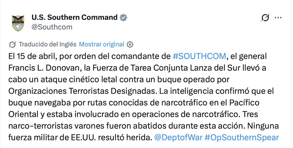 Nuevo ataque de EU en el Pacífico deja tres muertos