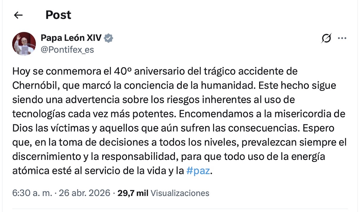 Papa León XIV recuerda Chernóbil. Foto: X