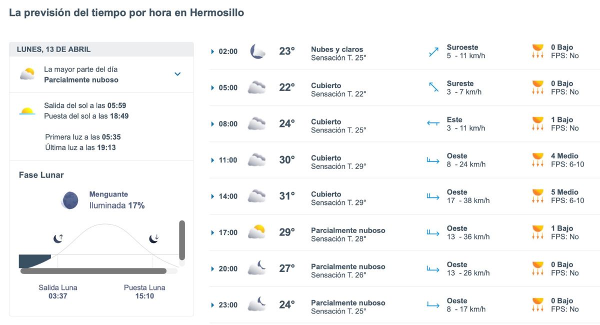 Así será el clima en Hermosillo este lunes