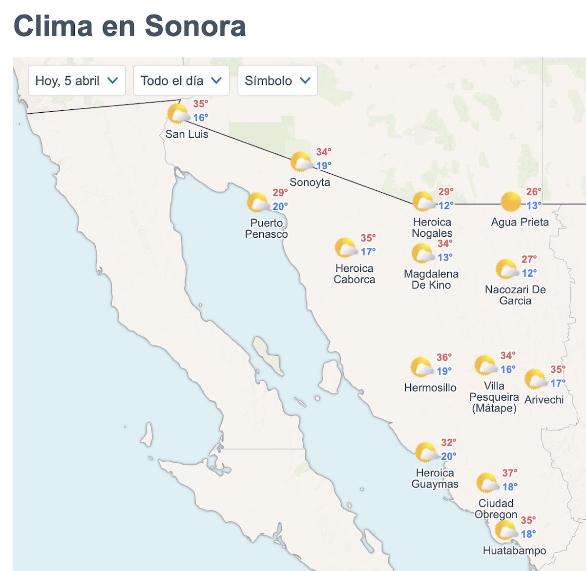 Así será el clima en Sonora este domingo. Foto: Meteored.mx