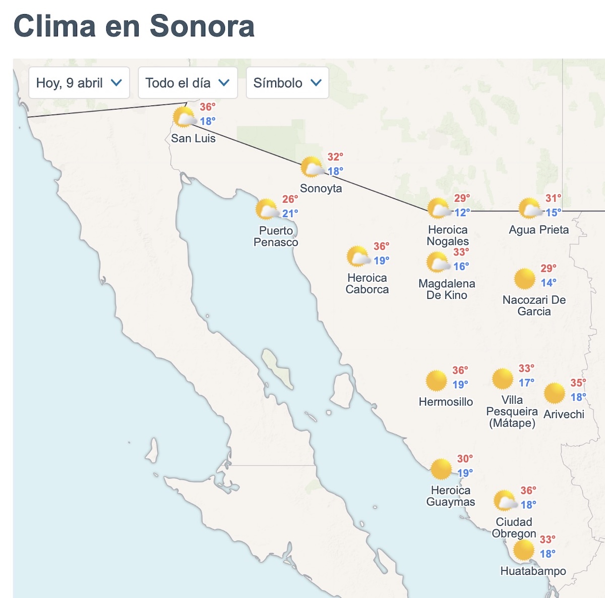 Así será el clima en Sonora este jueves. Foto: Meteored.mx