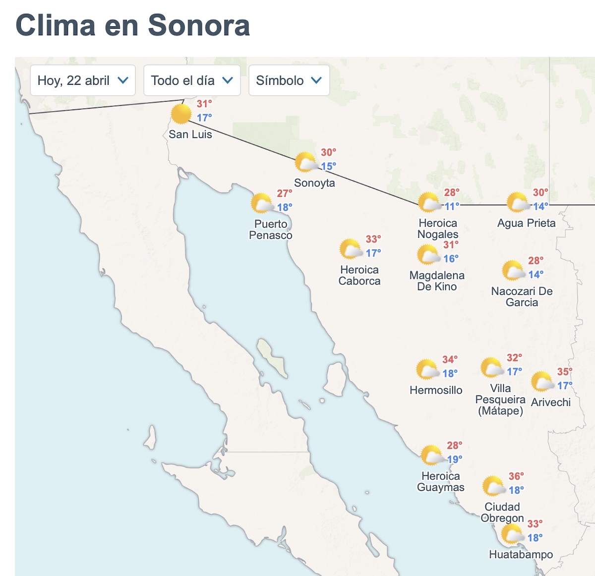 Así será el clima en Sonora este miércoles. Foto: Meteored.mx
