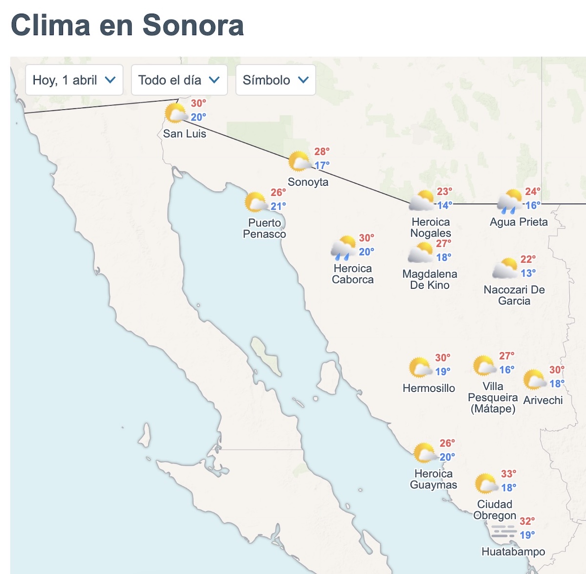 Así será el clima en Sonora este miércoles. Foto: Meteored.mx