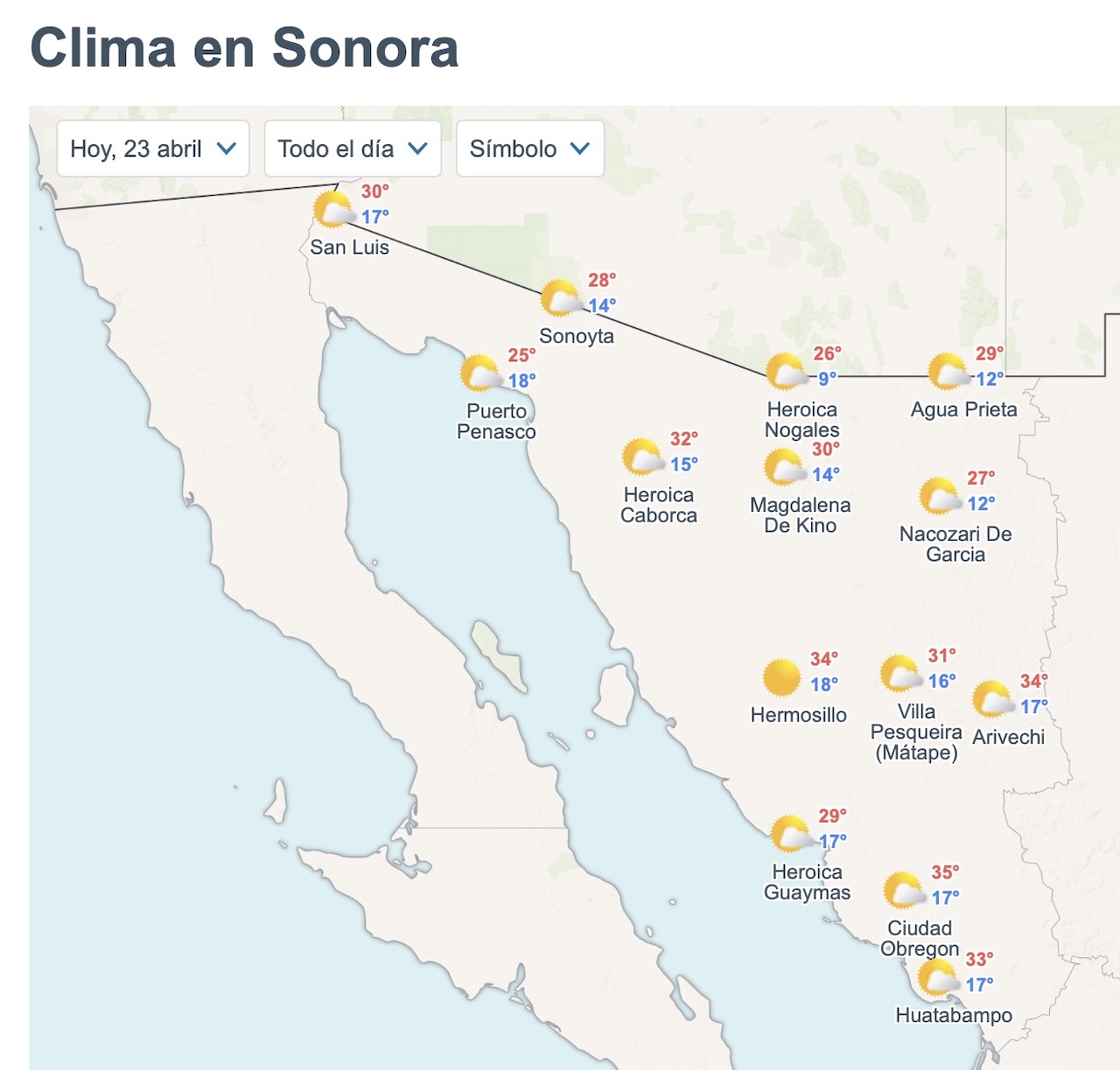 Así será el clima en Sonora este jueves. Foto: Meteored.mx