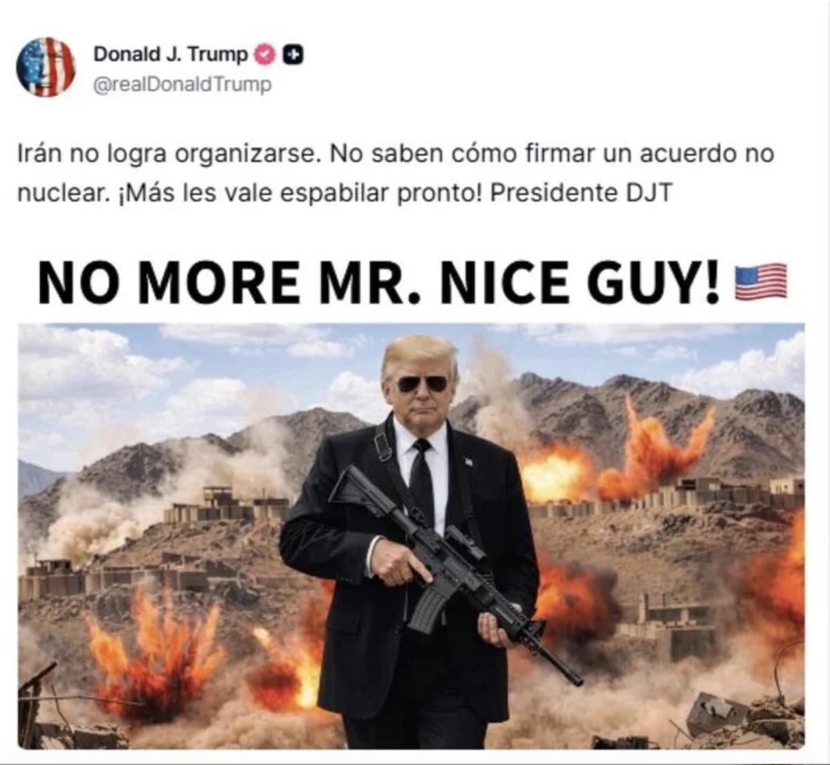 Tensión con Irán: Trump comparte imagen con fusil. Foto: Truth Social