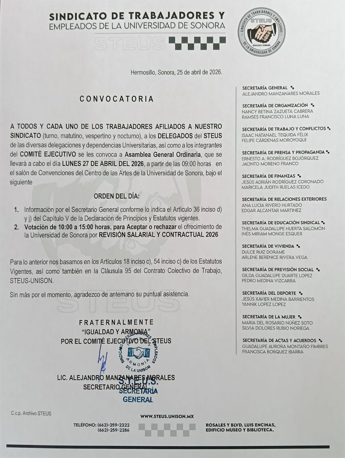 Asamblea de STEUS definirá este lunes futuro de huelga en la Universidad de Sonora