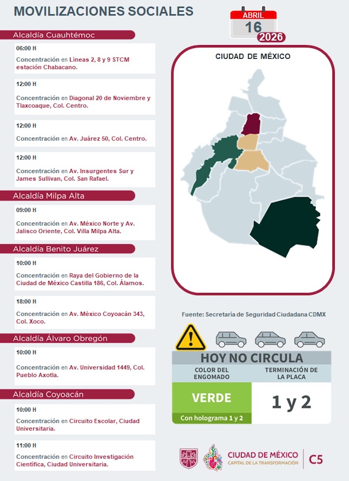 Marchas programadas para hoy en CDMX. Foto: C5