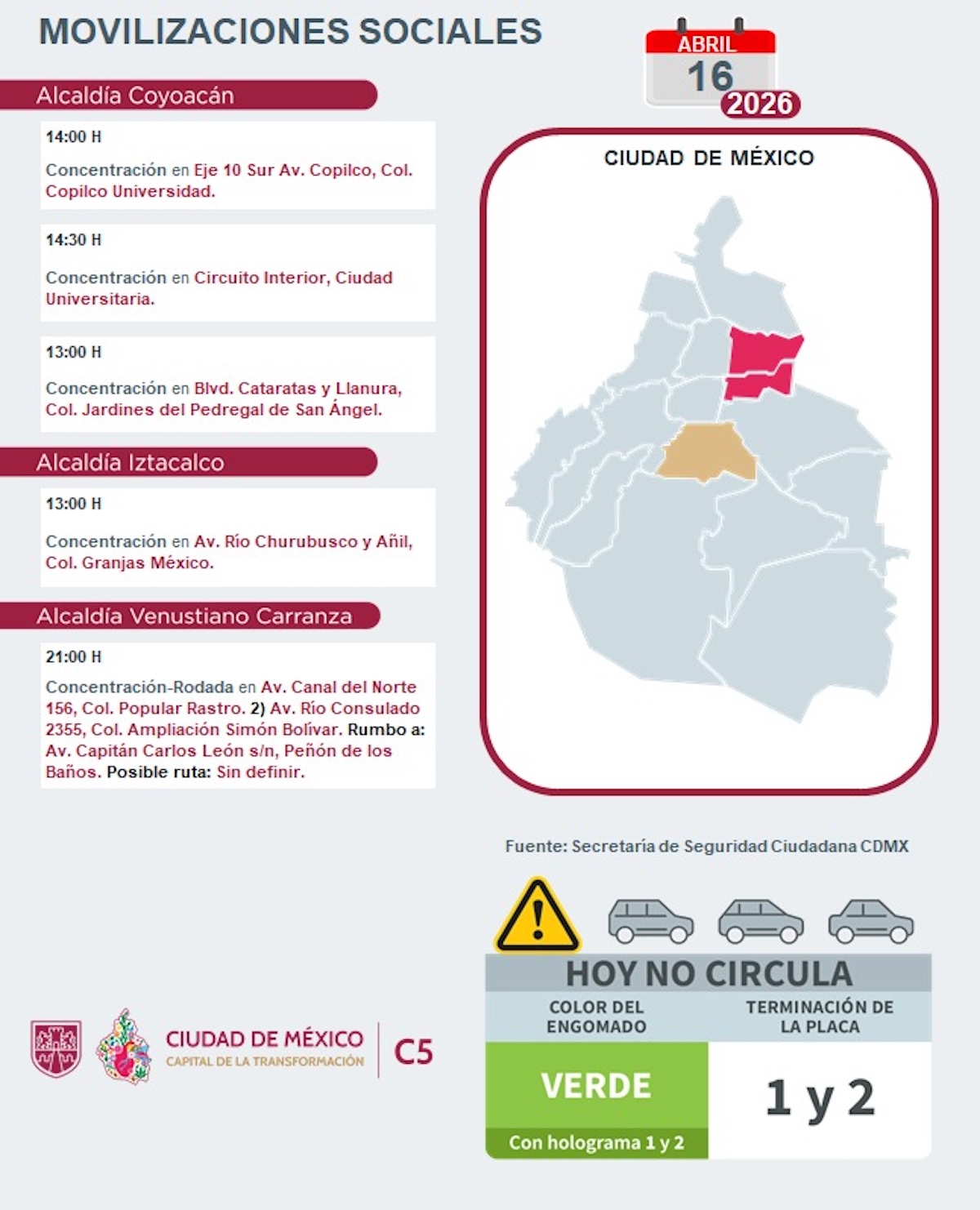 Marchas programadas para hoy en CDMX. Foto: C5