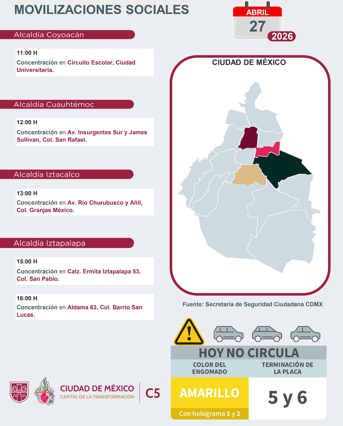 Marchas en CDMX hoy 27 de abril: calles afectadas y horarios clave