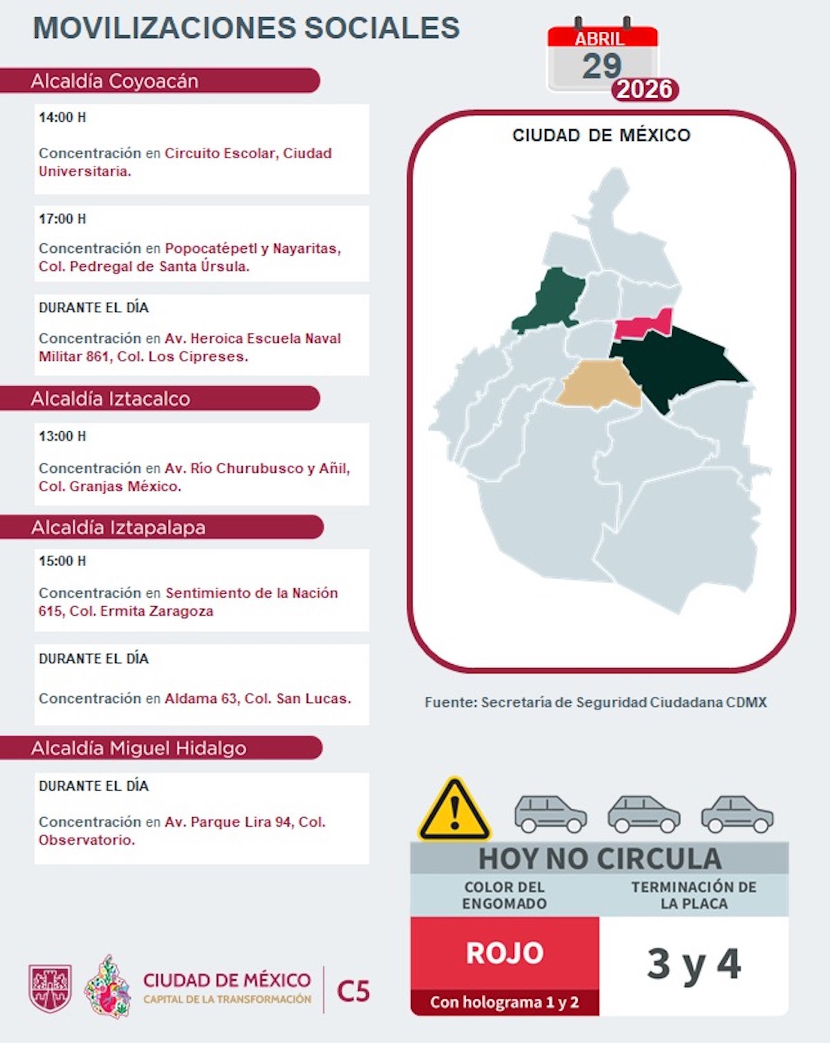 Tráfico CDMX HOY: ¿Dónde habrá bloqueos y marchas? Foto: C5