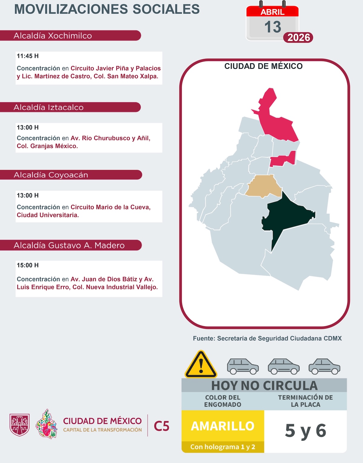 Marchas en CDMX para este lunes. Foto: C5