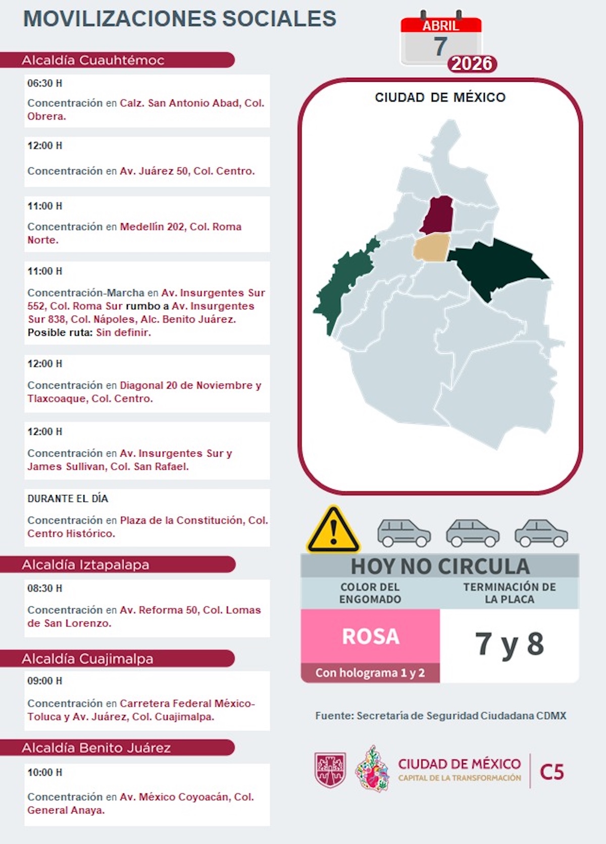 Marchas y bloqueos programadas para HOY en CDMX