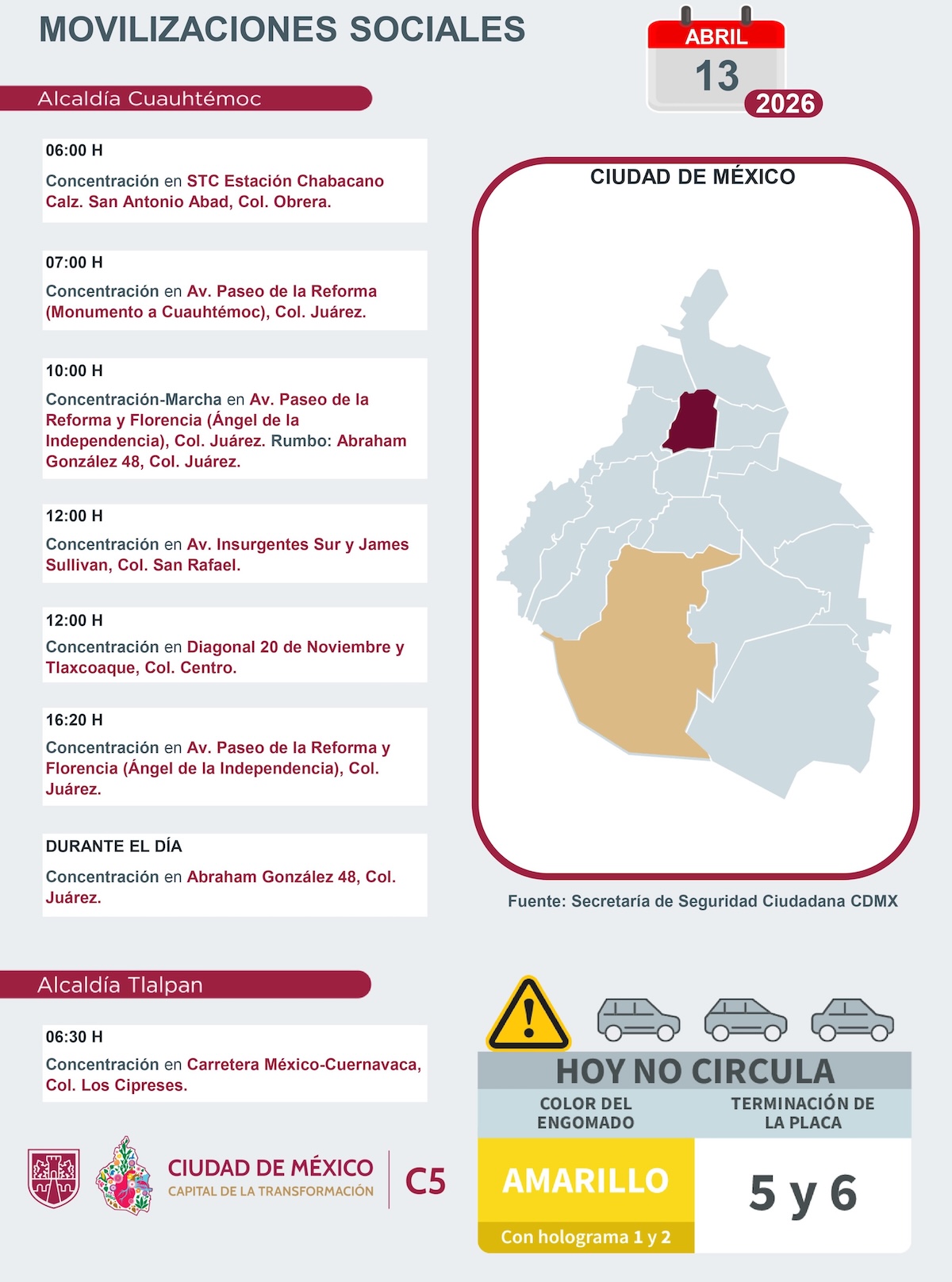 Marchas en CDMX para este lunes. Foto: C5