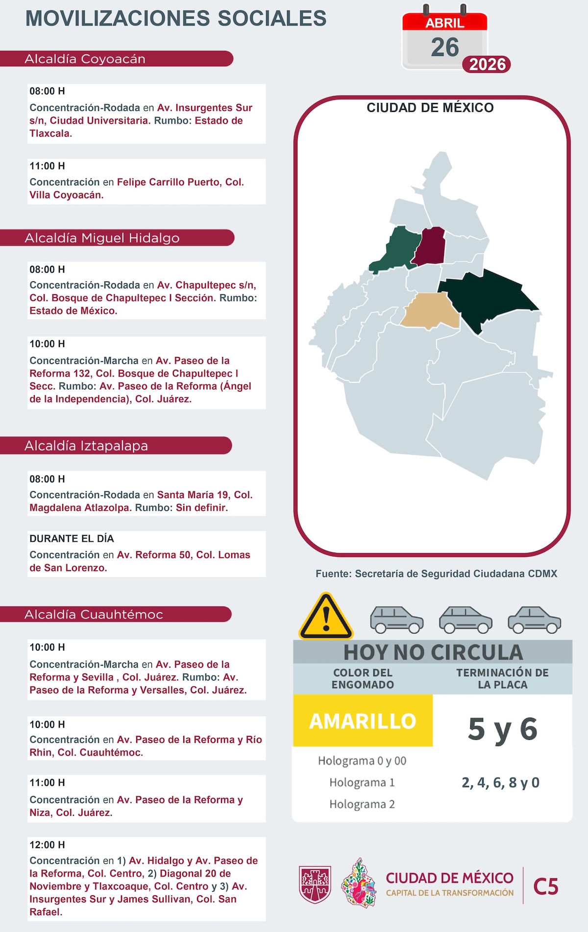 Marchas en CDMX para HOY domingo 26 de abril. Foto: C5