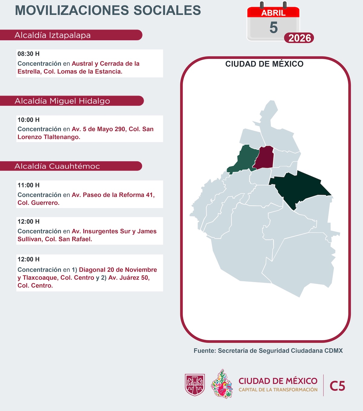 Movilizaciones HOY 5 de abril en CDMX