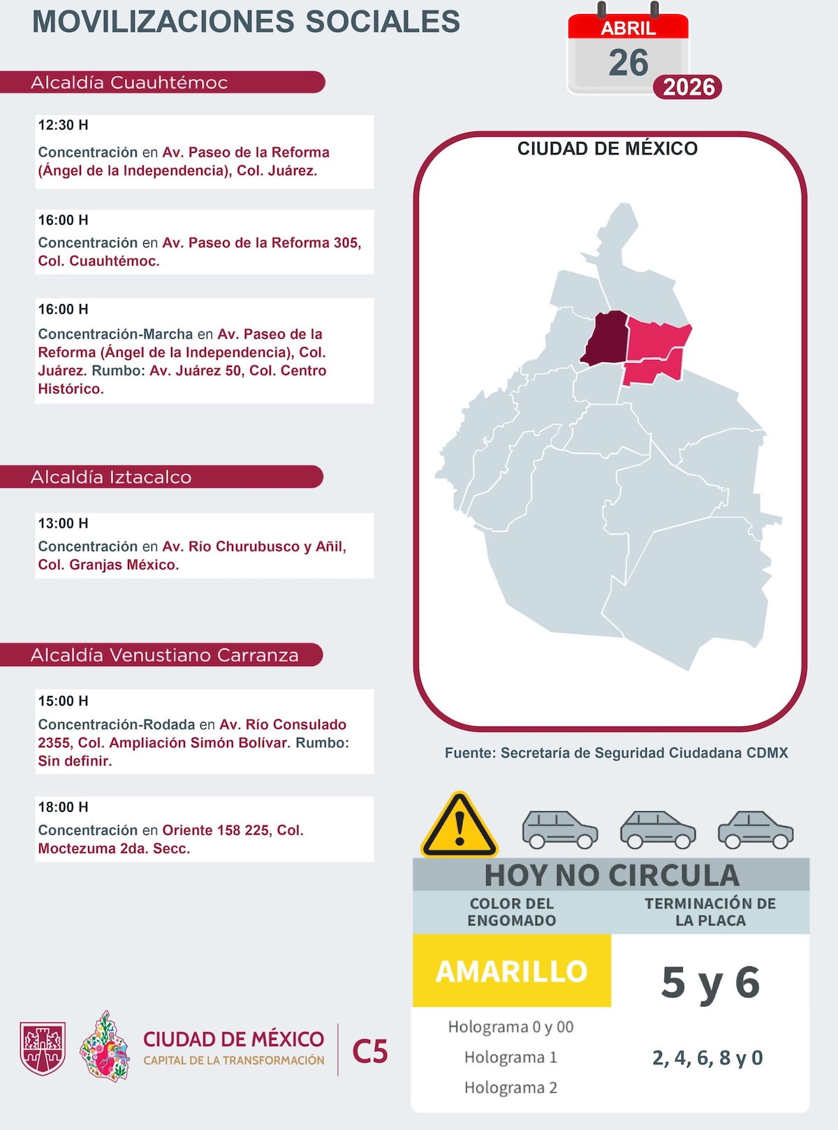 Marchas en CDMX para HOY domingo 26 de abril. Foto: C5