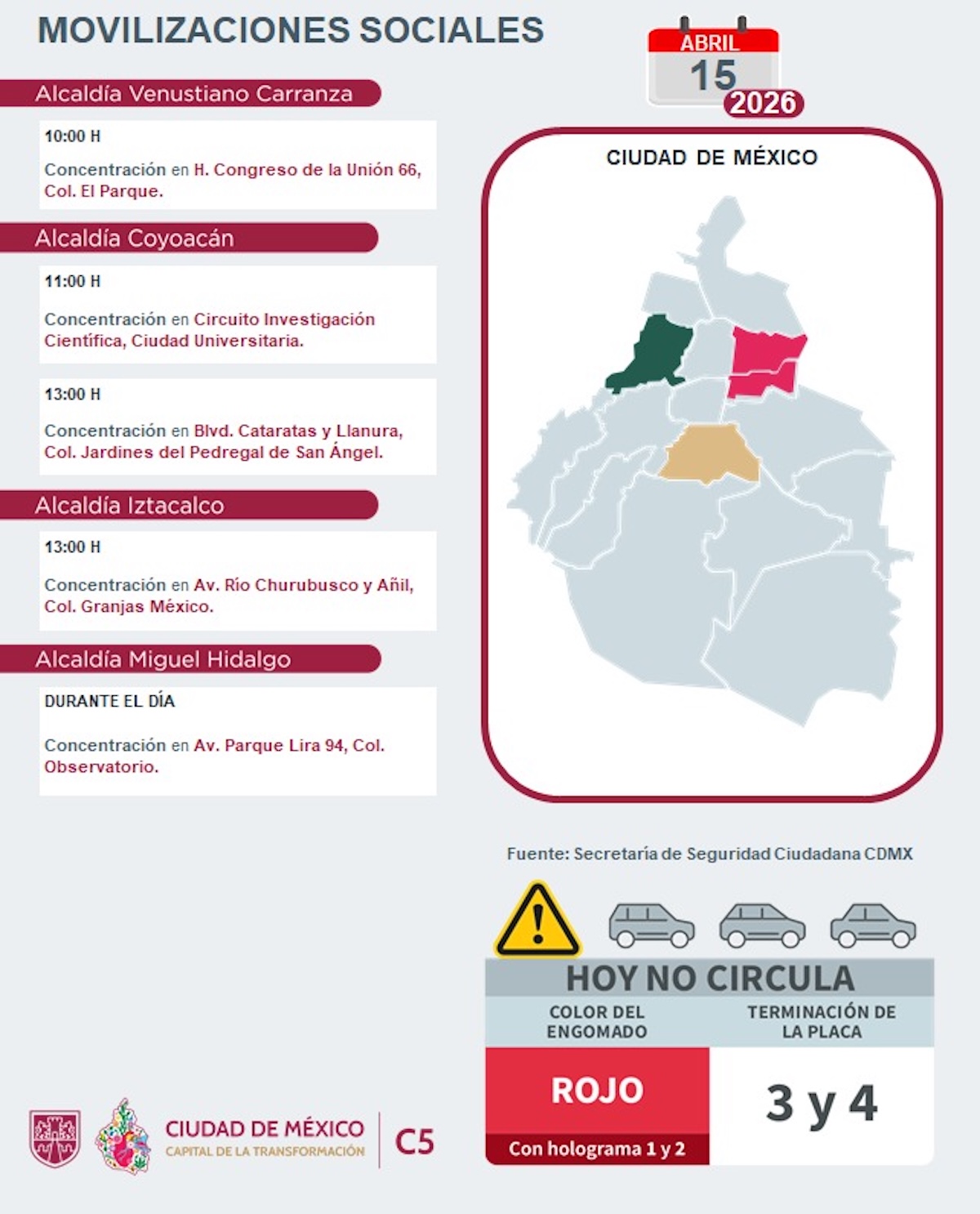 Las marchas y bloqueos de este miércoles en CDMX. Foto: C5