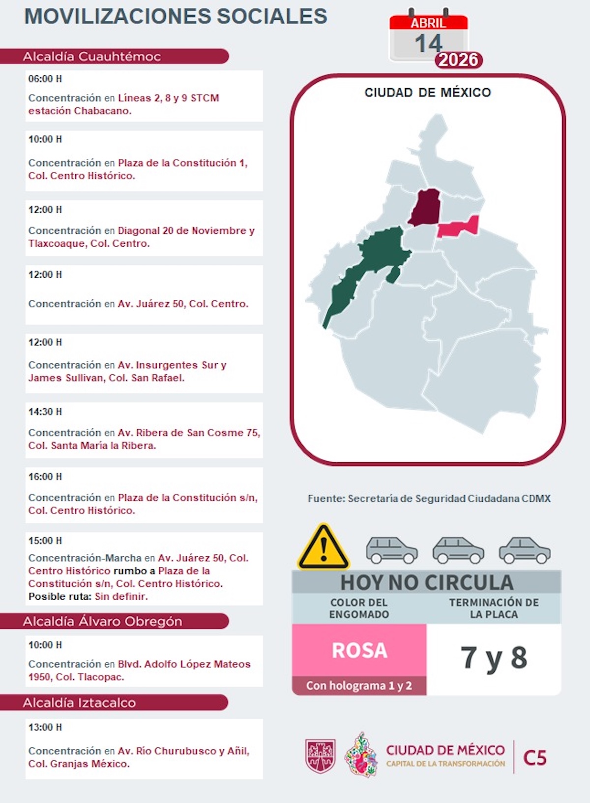 Marchas y BLOQUEOS de este martes en CDMX. Foto: C5