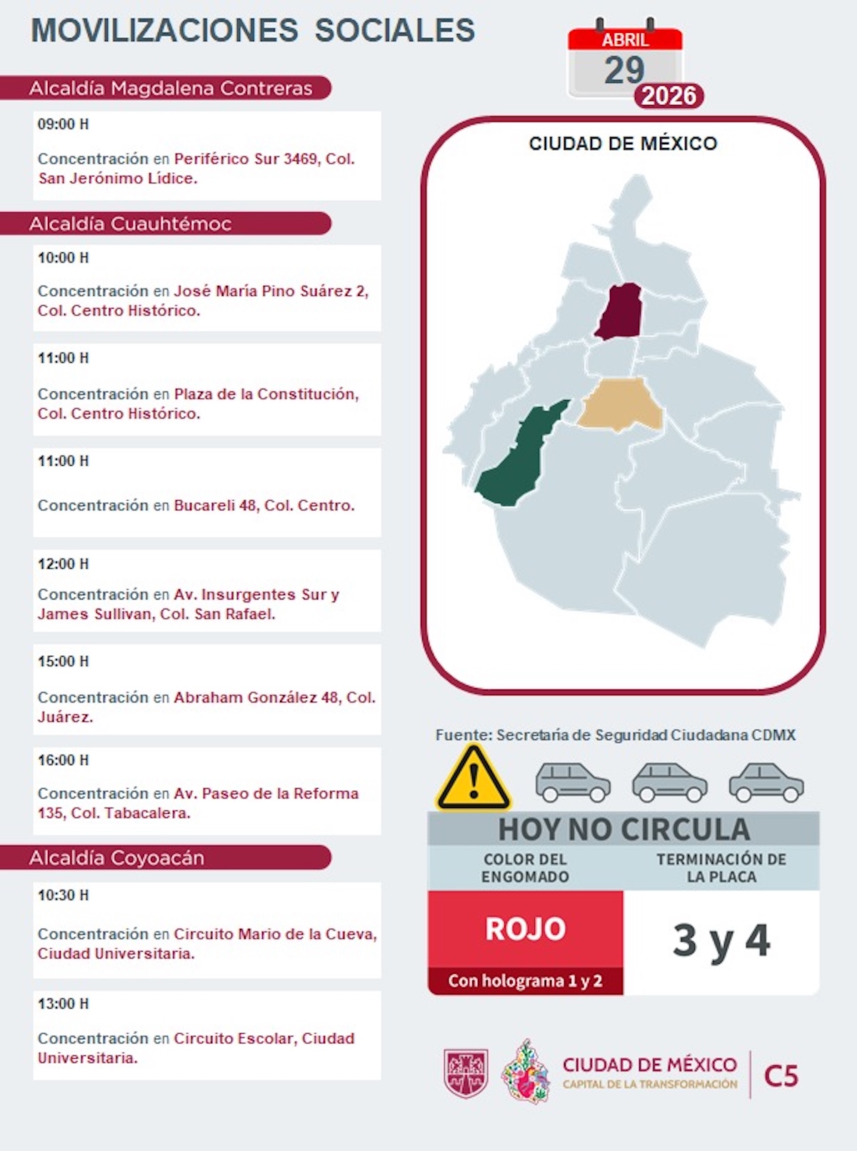 Tráfico CDMX HOY: ¿Dónde habrá bloqueos y marchas? Foto: C5