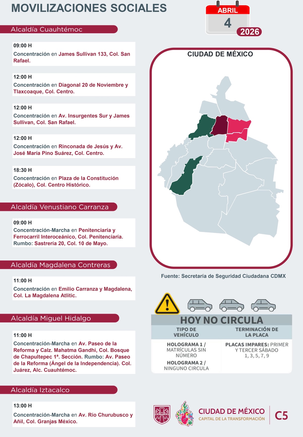 Marchas programadas para HOY en CDMX. Foto: C5