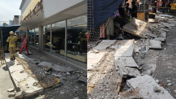 Colapsa marquesina en comercio del centro de Cajeme; no hay lesionados