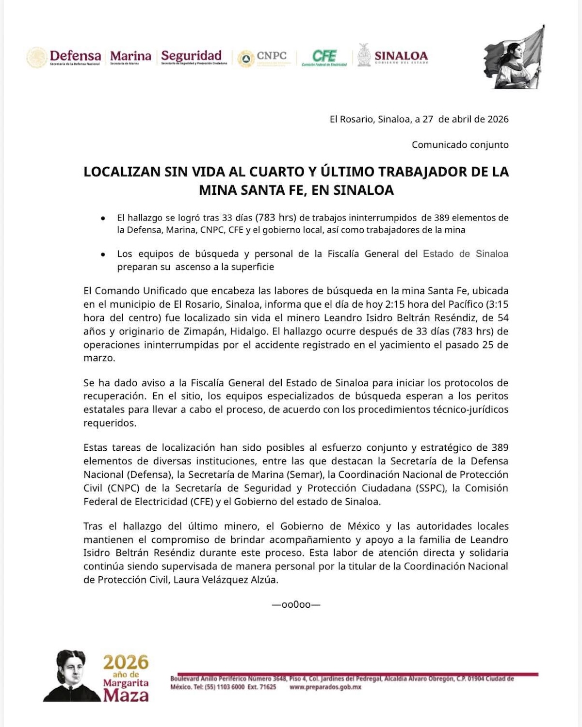 Tras 33 días, localizan sin vida al último minero atrapado en mina Santa Fe, Sinaloa