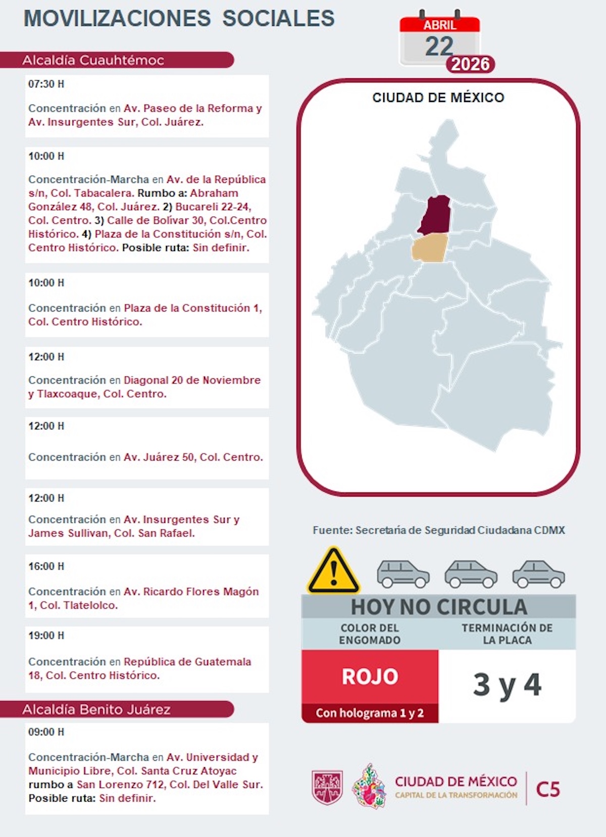 Marchas de HOY 22 de abril en CDMX. Foto: C5
