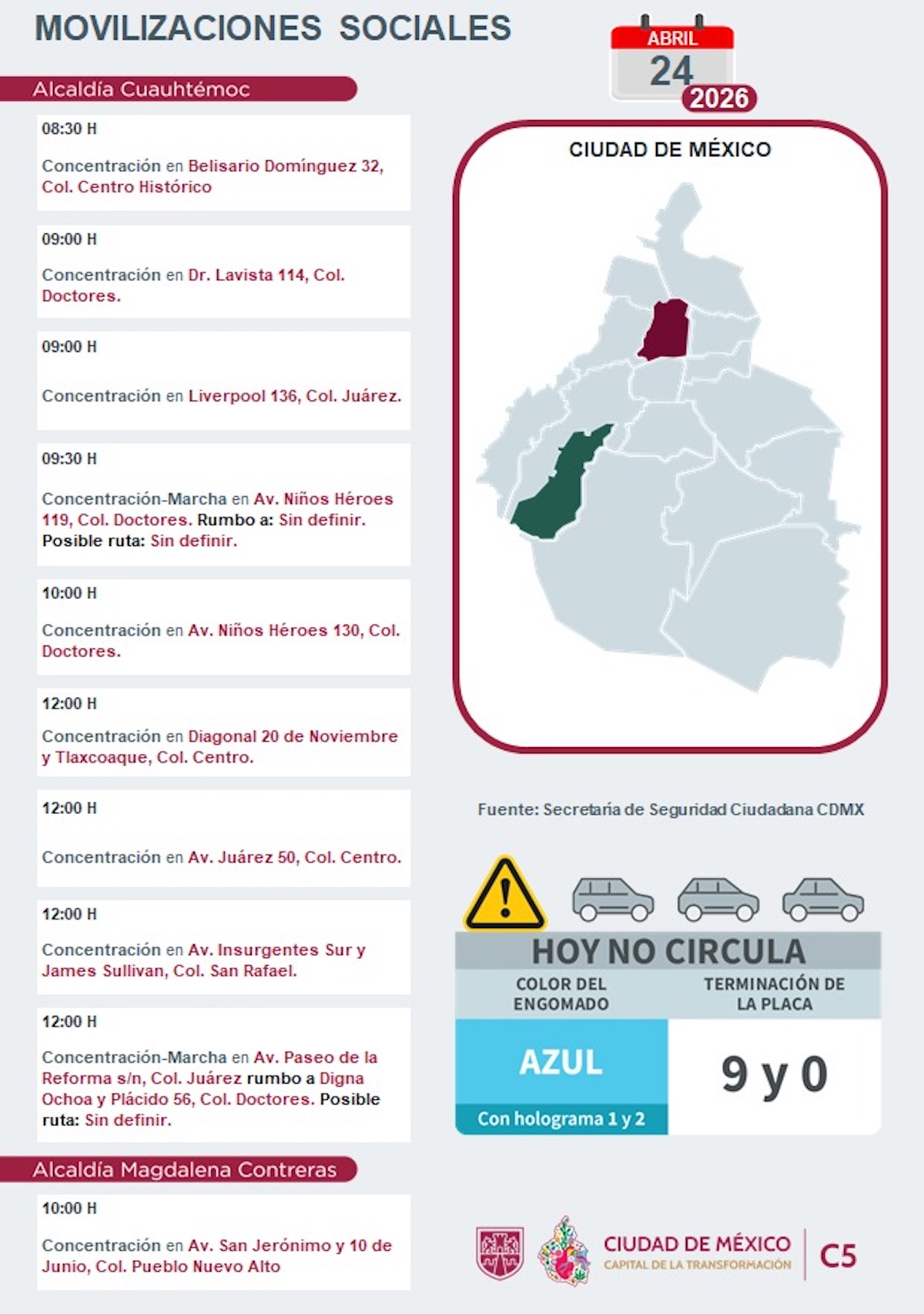 Marchas en CDMX HOY viernes 24 de abril. Foto: C5