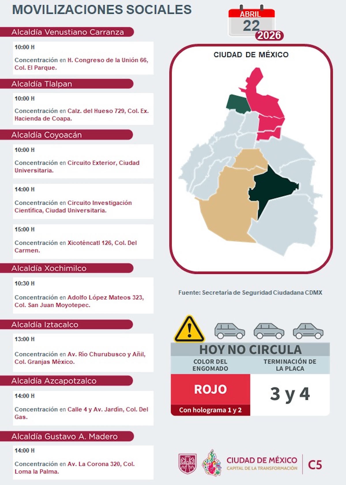Marchas de HOY 22 de abril en CDMX. Foto: C5