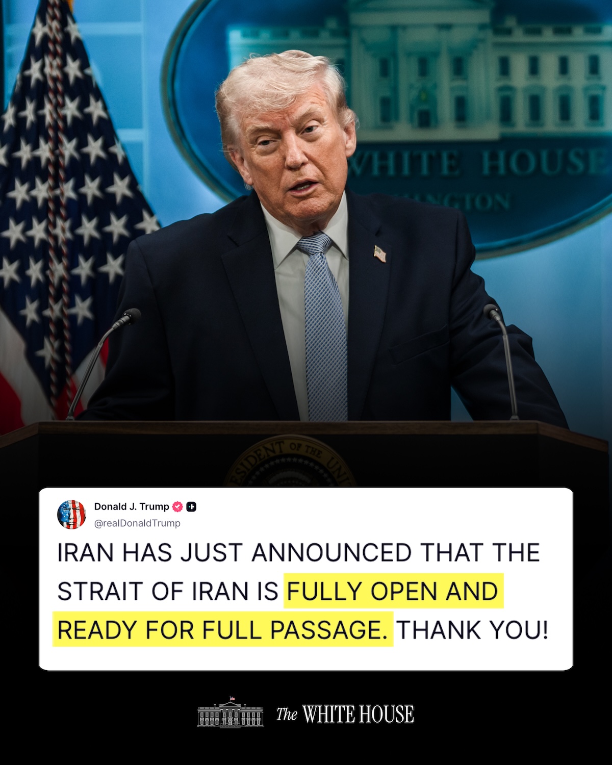 Trump agradece apertura del Estrecho de Ormuz