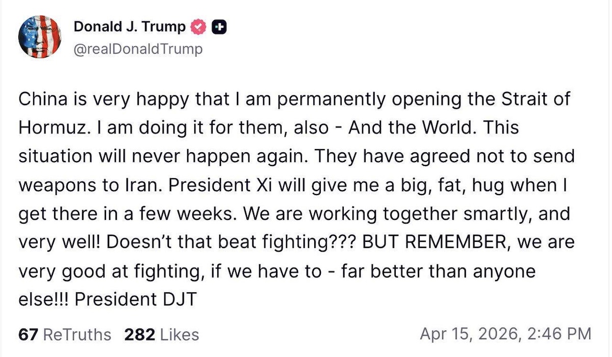 China no enviará armas a Irán, asegura Trump