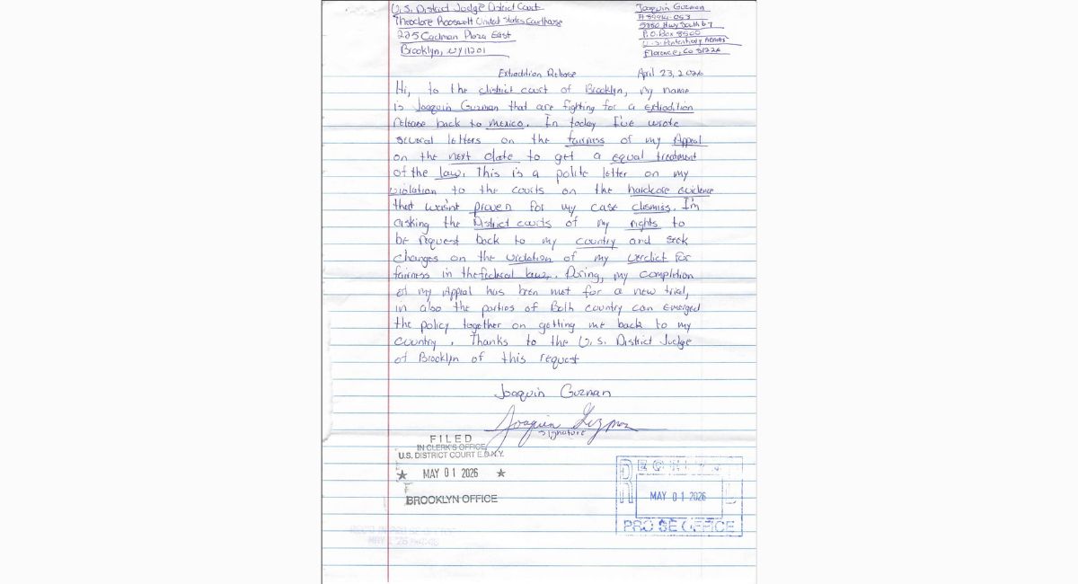 'El Chapo' Guzmán envía carta manuscrita en la que solicita ser extraditado a México