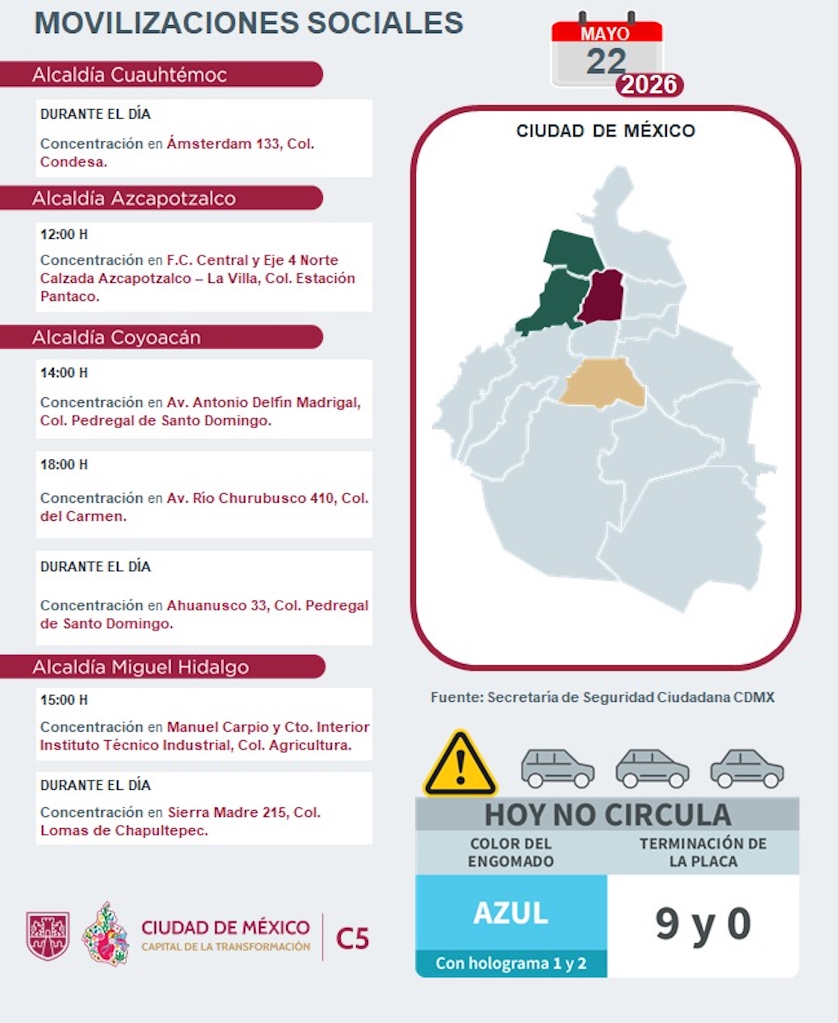 Te decimos dónde hay marchas en CDMX este viernes. Foto: C5