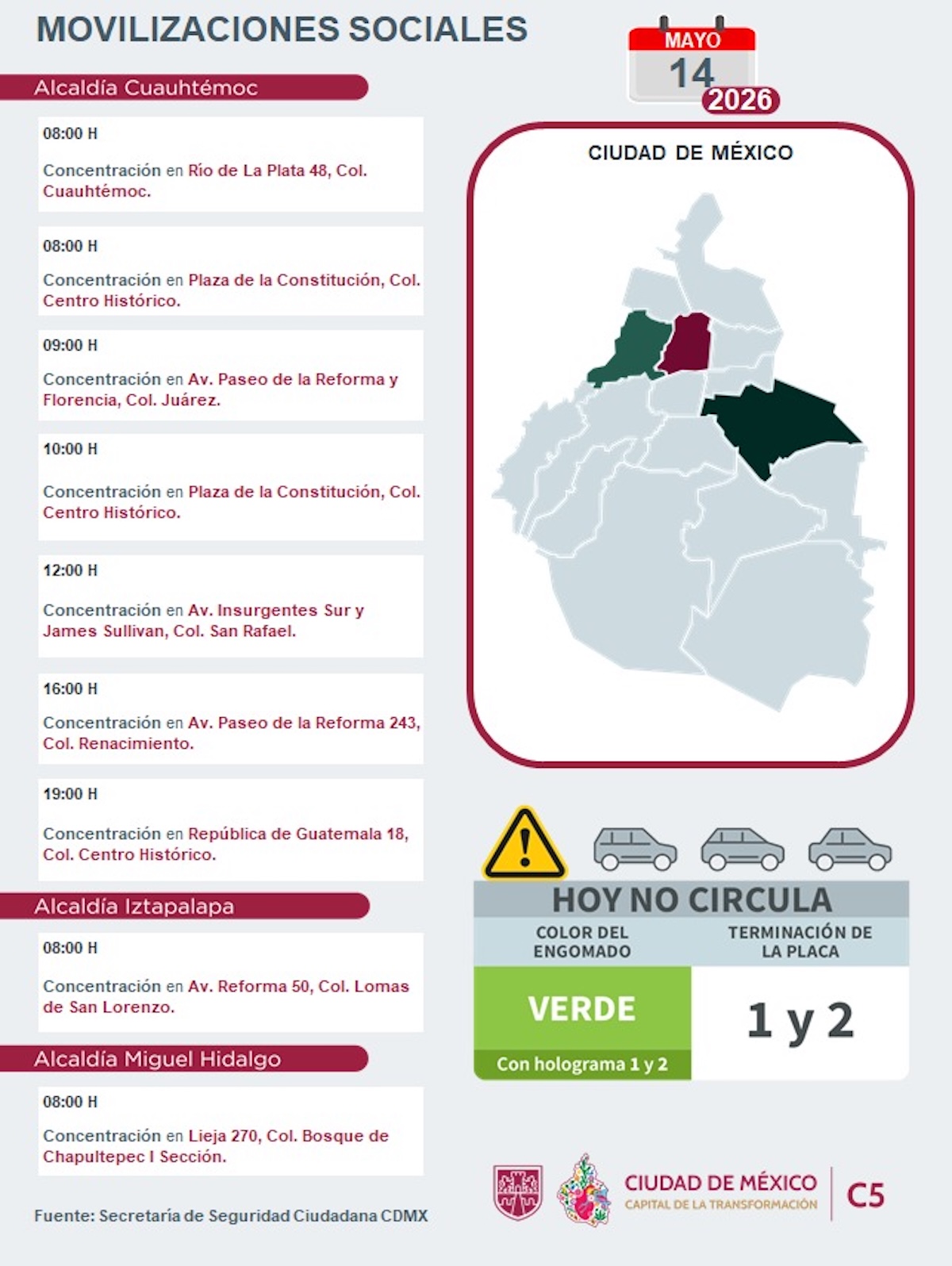 Alertan marchas en CDMX este jueves. Foto: C5