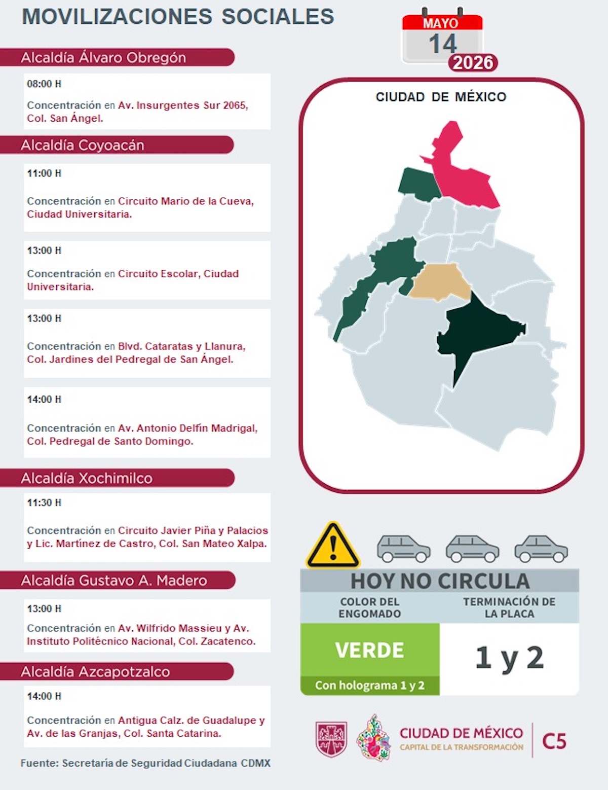 Alertan marchas en CDMX este jueves. Foto: C5