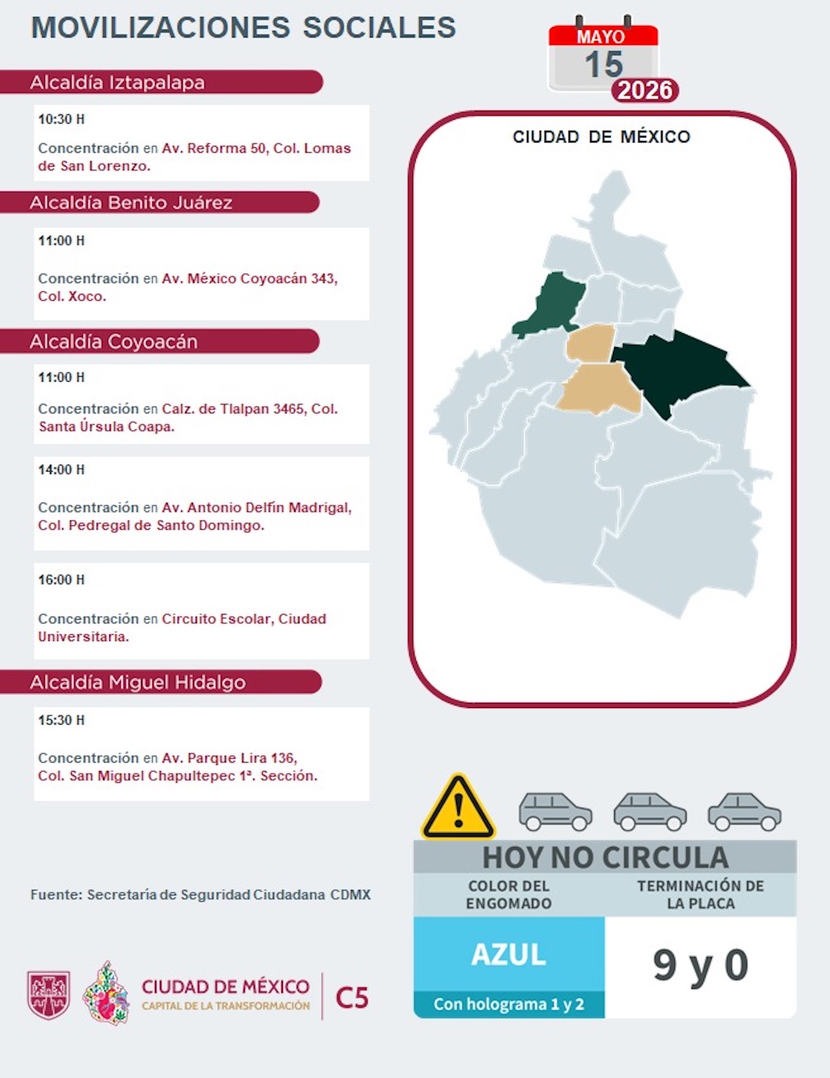 Reporte de marchas en CDMX hoy viernes 15 de mayo. Foto: C5