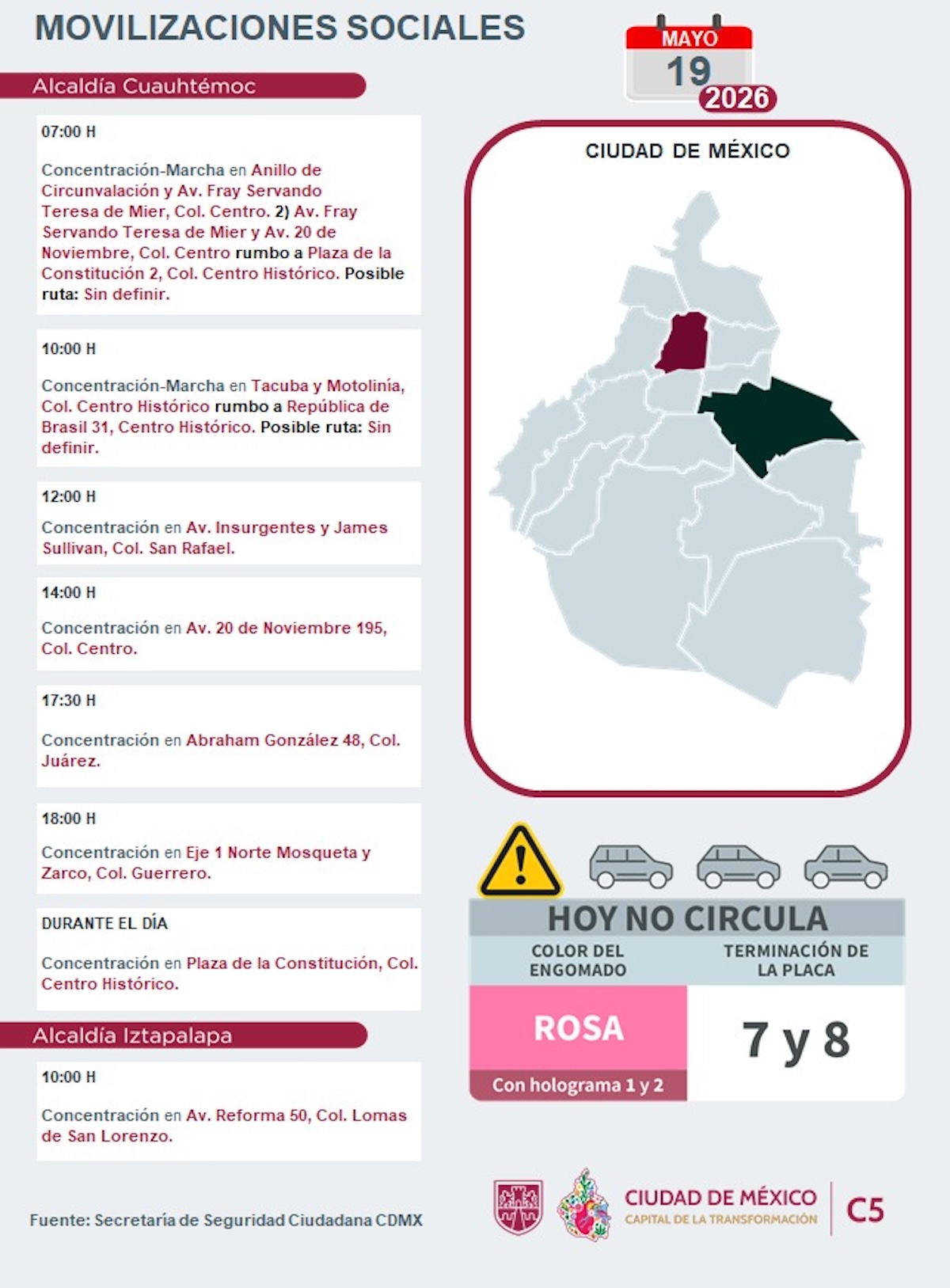 Marchas y bloqueos CDMX hoy martes 19 de mayo 2026. Foto: C5