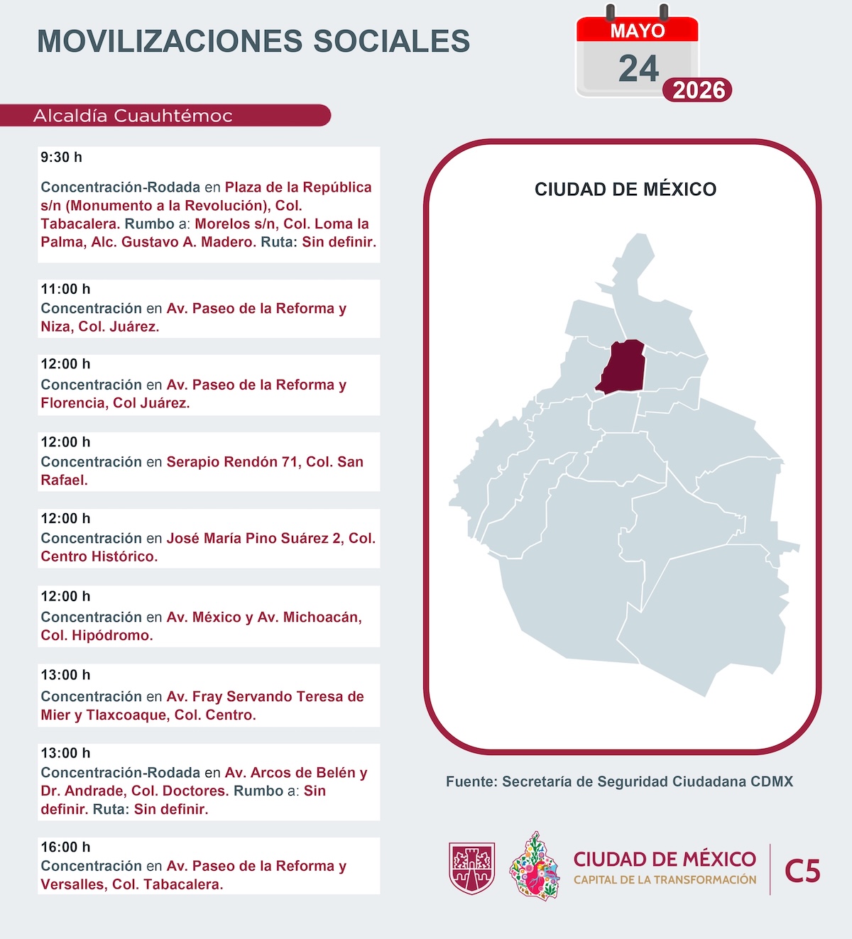 Alertan marchas en CDMX HOY domingo 24 de mayo. Foto: C5