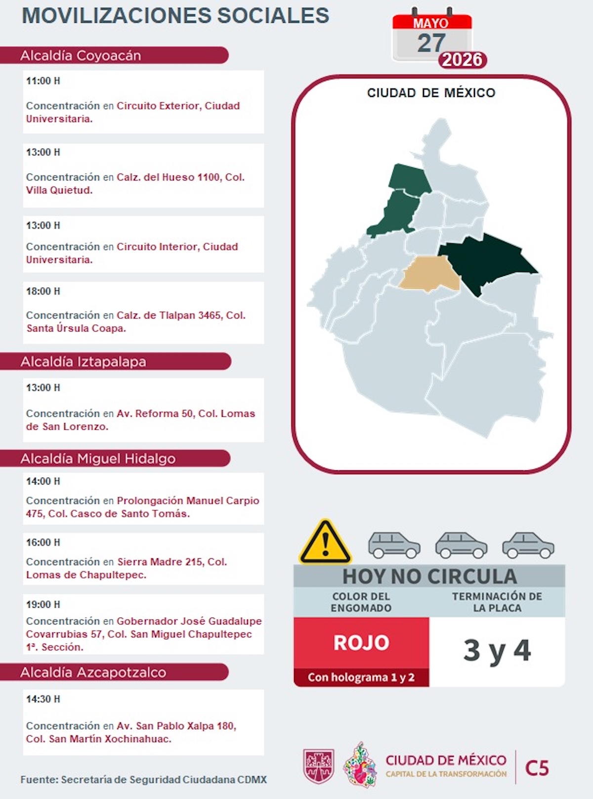 CDMX tendrá bloqueos y marchas este miércoles 27 de mayo. Foto: C5